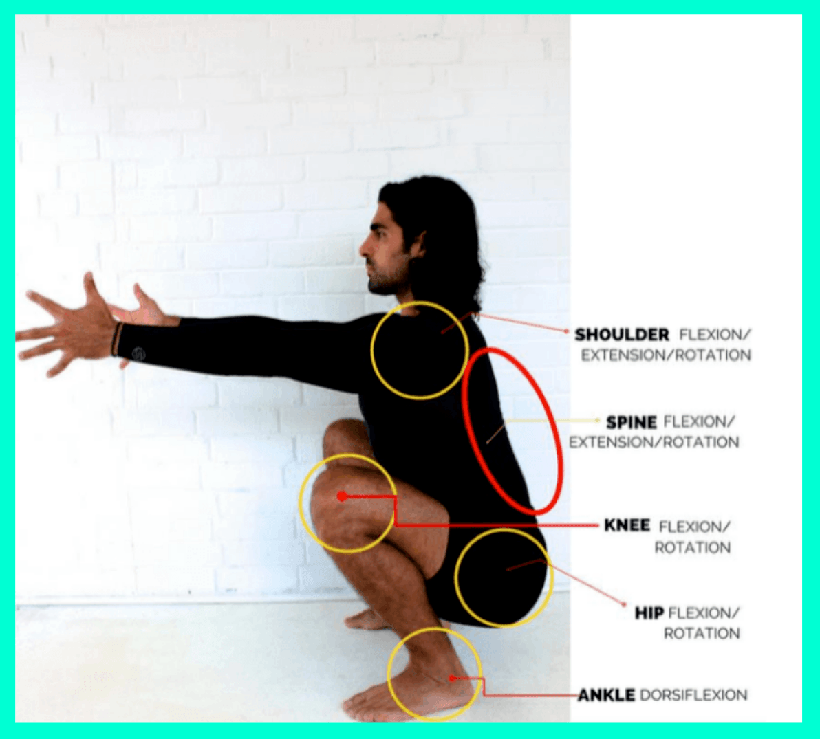 Bottom position of a deep squat demonstrating mobility at the ankle
